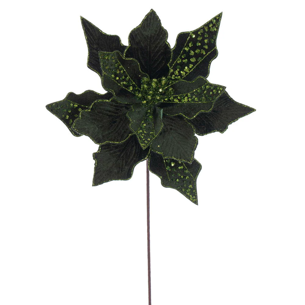 20"x10" Glittered Velvet Striped Artificial Poinsettia Flower Stem -Green (Pack of 12)
