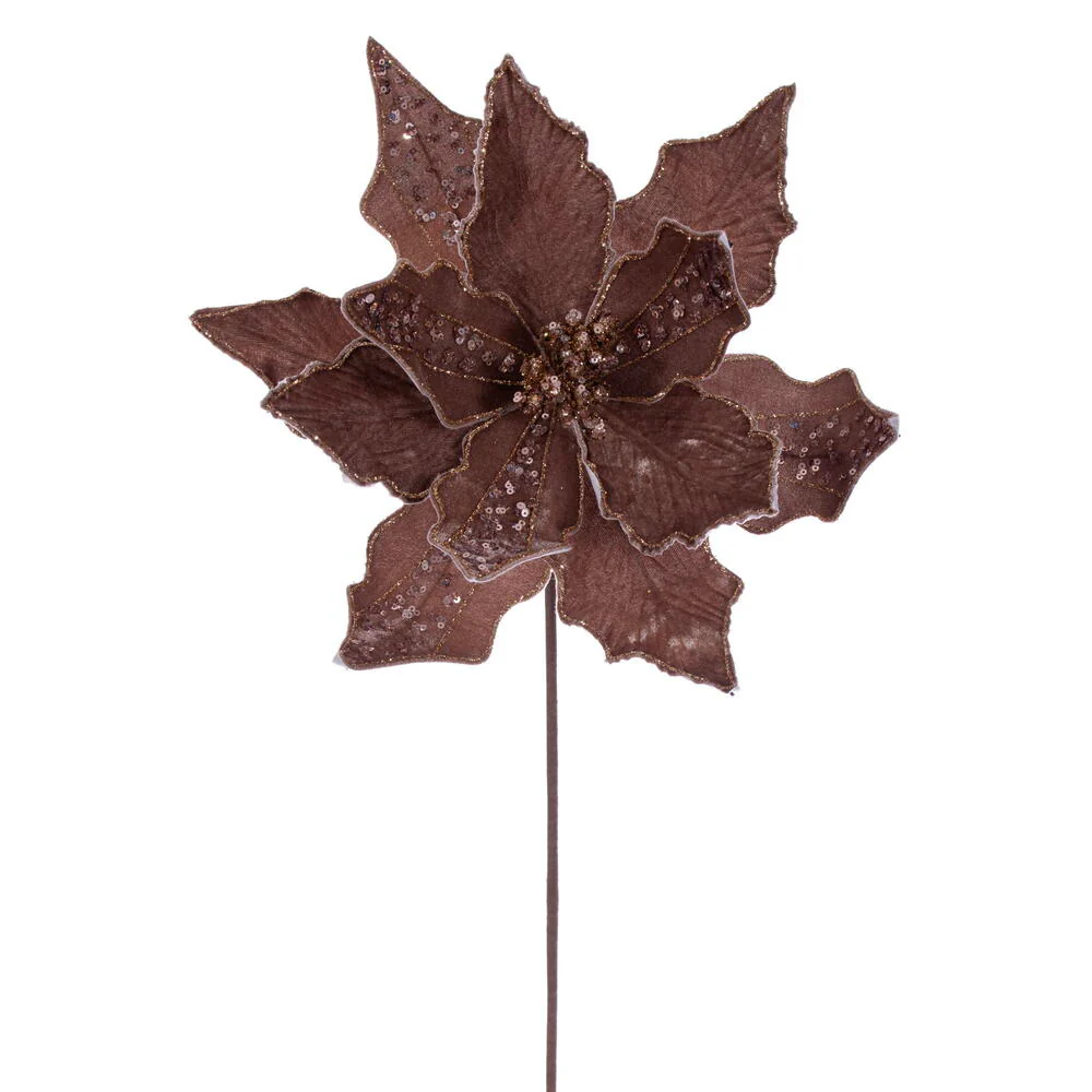 20"x10" Glittered Velvet Striped Artificial Poinsettia Flower Stem -Mocha (Pack of 12)