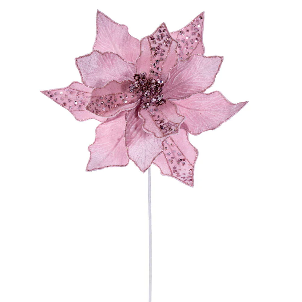 20"x10" Glittered Velvet Striped Artificial Poinsettia Flower Stem -Pink (Pack of 12)