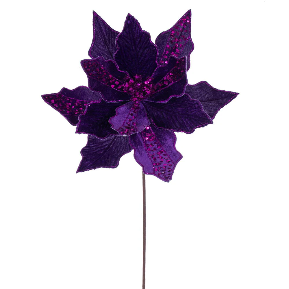 20"x10" Glittered Velvet Striped Artificial Poinsettia Flower Stem -Plum (Pack of 12)