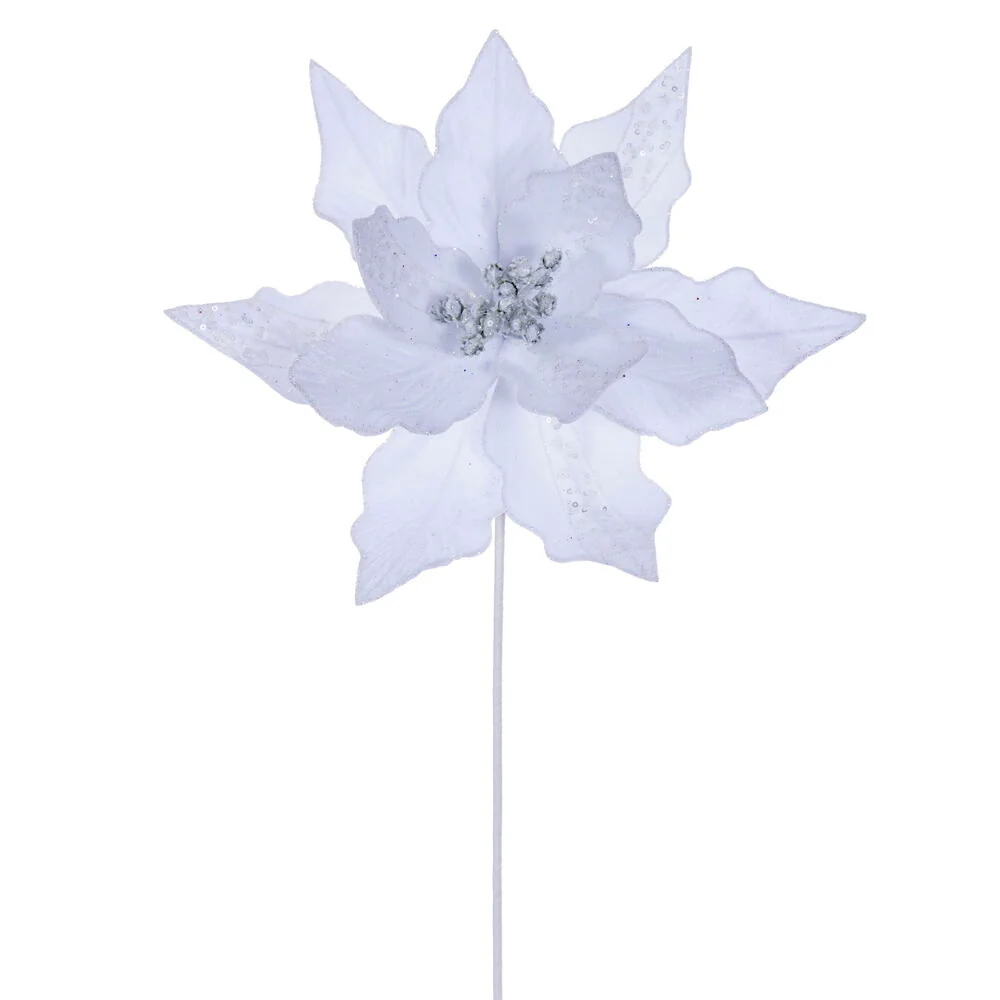 20"x10" Glittered Velvet Striped Artificial Poinsettia Flower Stem -White (Pack of 12)