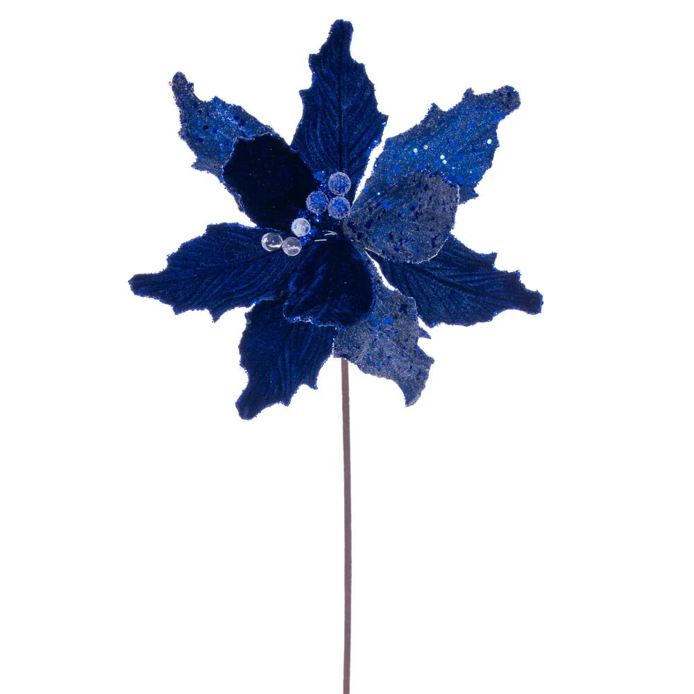 20"x11.5" Sugar & Beaded Velvet Artificial Poinsettia Flower Stem -Blue (Pack of 12)