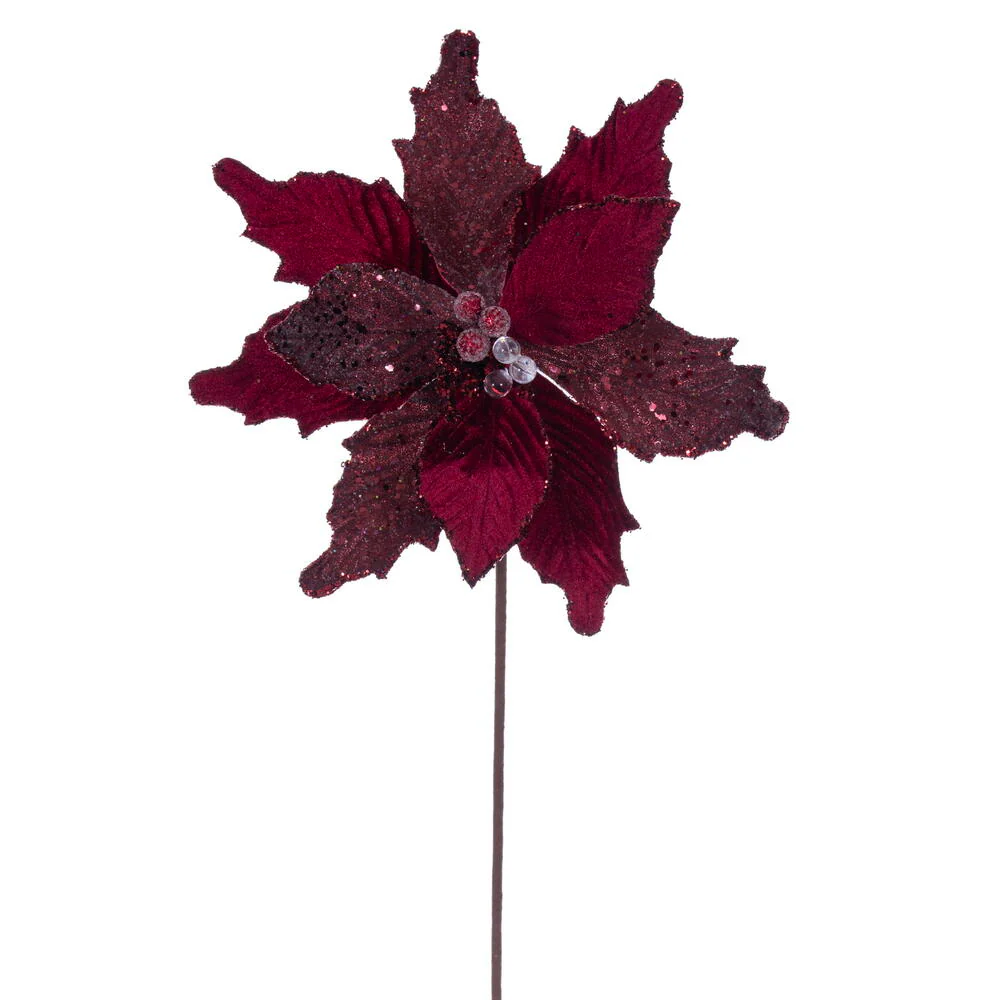 20"x11.5" Sugar & Beaded Velvet Artificial Poinsettia Flower Stem -Burgundy (Pack of 12)