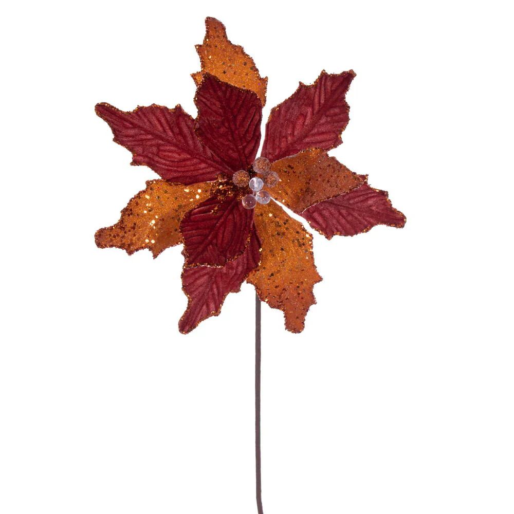 20"x11.5" Sugar & Beaded Velvet Artificial Poinsettia Flower Stem -Burnish Orange (Pack of 12)