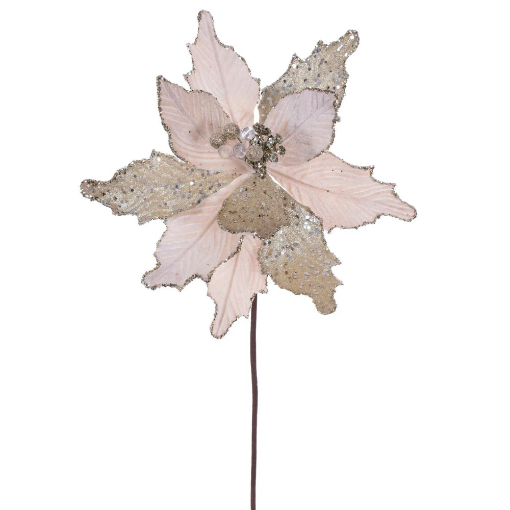 20"x11.5" Sugar & Beaded Velvet Artificial Poinsettia Flower Stem -Champagne (Pack of 12)