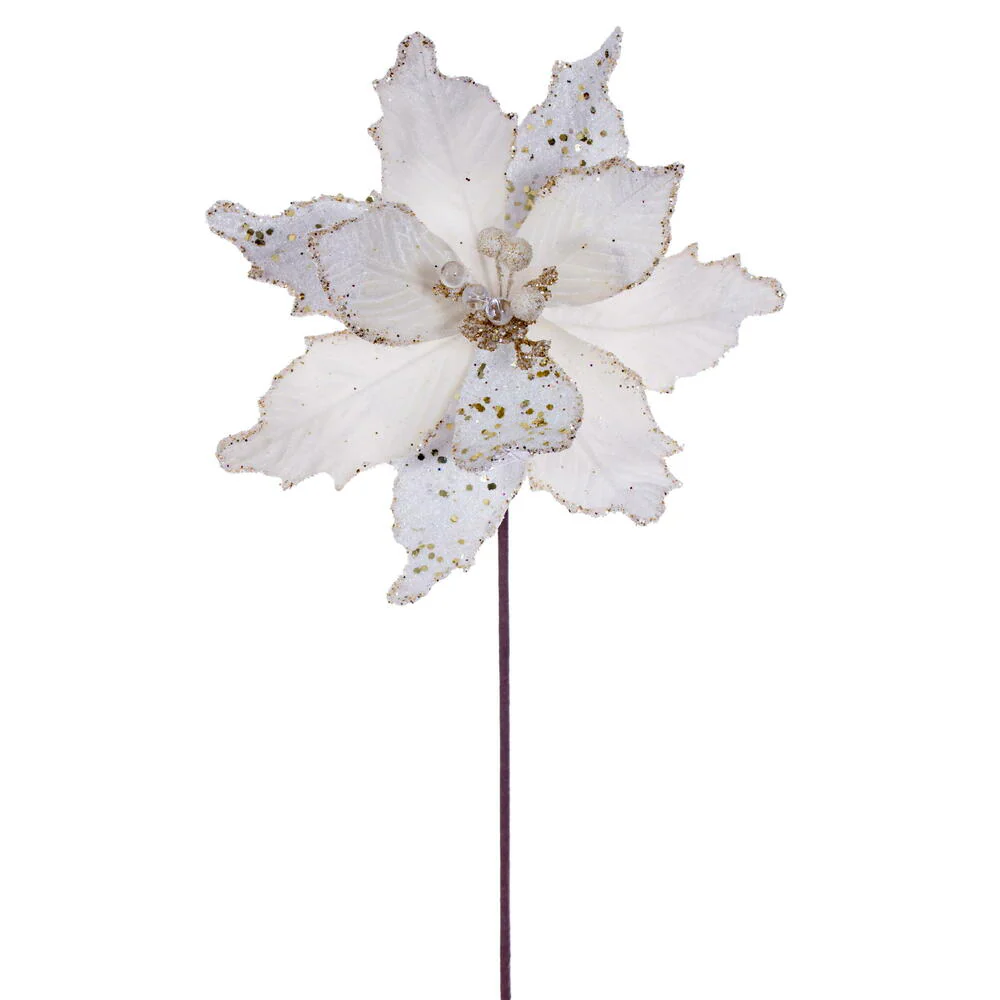 20"x11.5" Sugar & Beaded Velvet Artificial Poinsettia Flower Stem -Cream (Pack of 12)