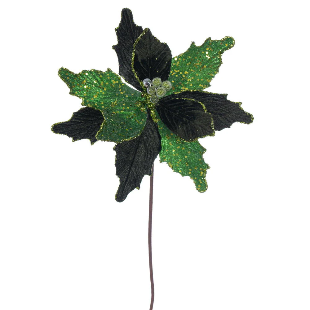 20"x11.5" Sugar & Beaded Velvet Artificial Poinsettia Flower Stem -Green (Pack of 12)