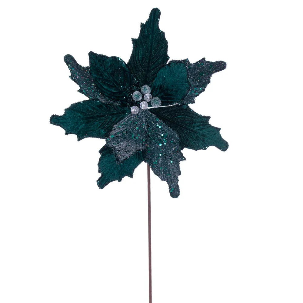 20"x11.5" Sugar & Beaded Velvet Artificial Poinsettia Flower Stem -Midnight Green (Pack of 12)