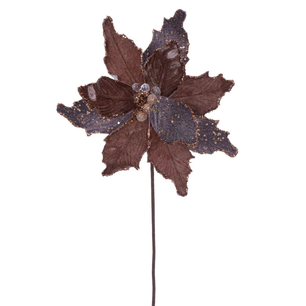 20"x11.5" Sugar & Beaded Velvet Artificial Poinsettia Flower Stem -Mocha (Pack of 12)
