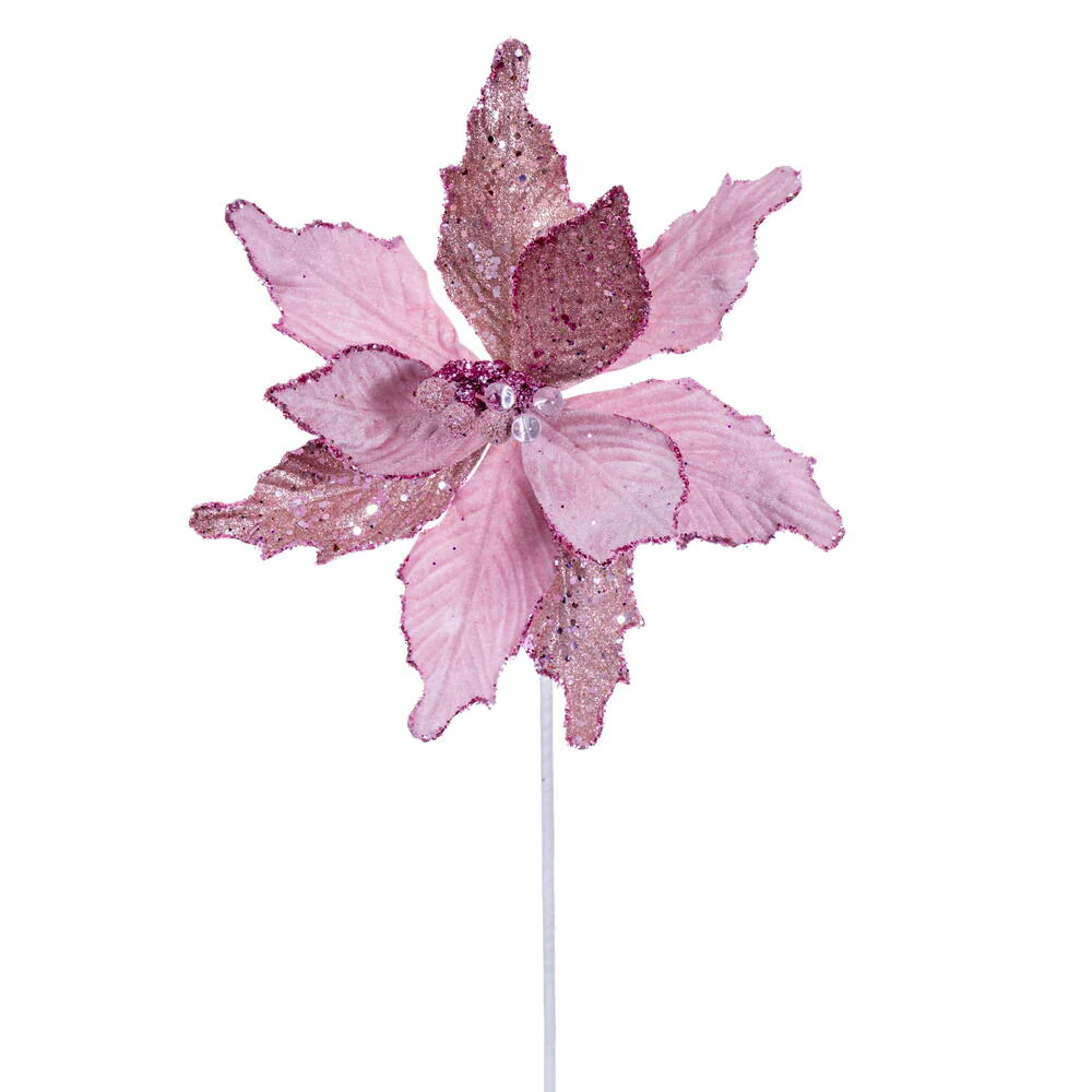 20"x11.5" Sugar & Beaded Velvet Artificial Poinsettia Flower Stem -Pink (Pack of 12)