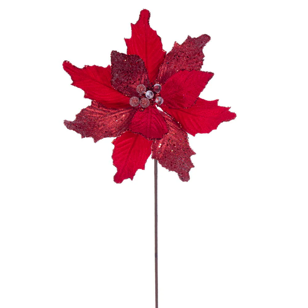 20"x11.5" Sugar & Beaded Velvet Artificial Poinsettia Flower Stem -Red (Pack of 12)