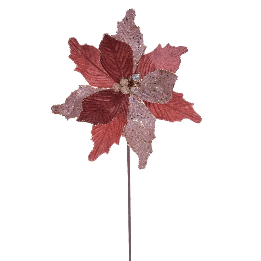 20"x11.5" Sugar & Beaded Velvet Artificial Poinsettia Flower Stem -Rose Gold (Pack of 12)