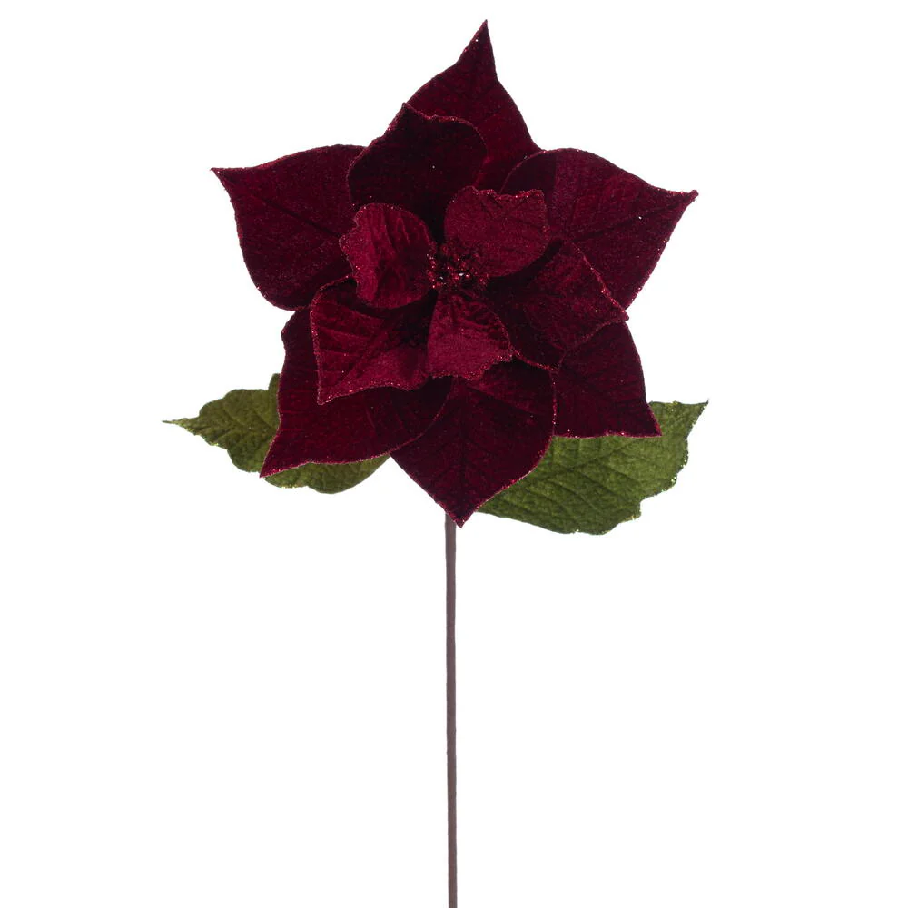 20"x12" Glittered Classic Velvet Artificial Poinsettia Flower Stem -Burgundy (Pack of 12)