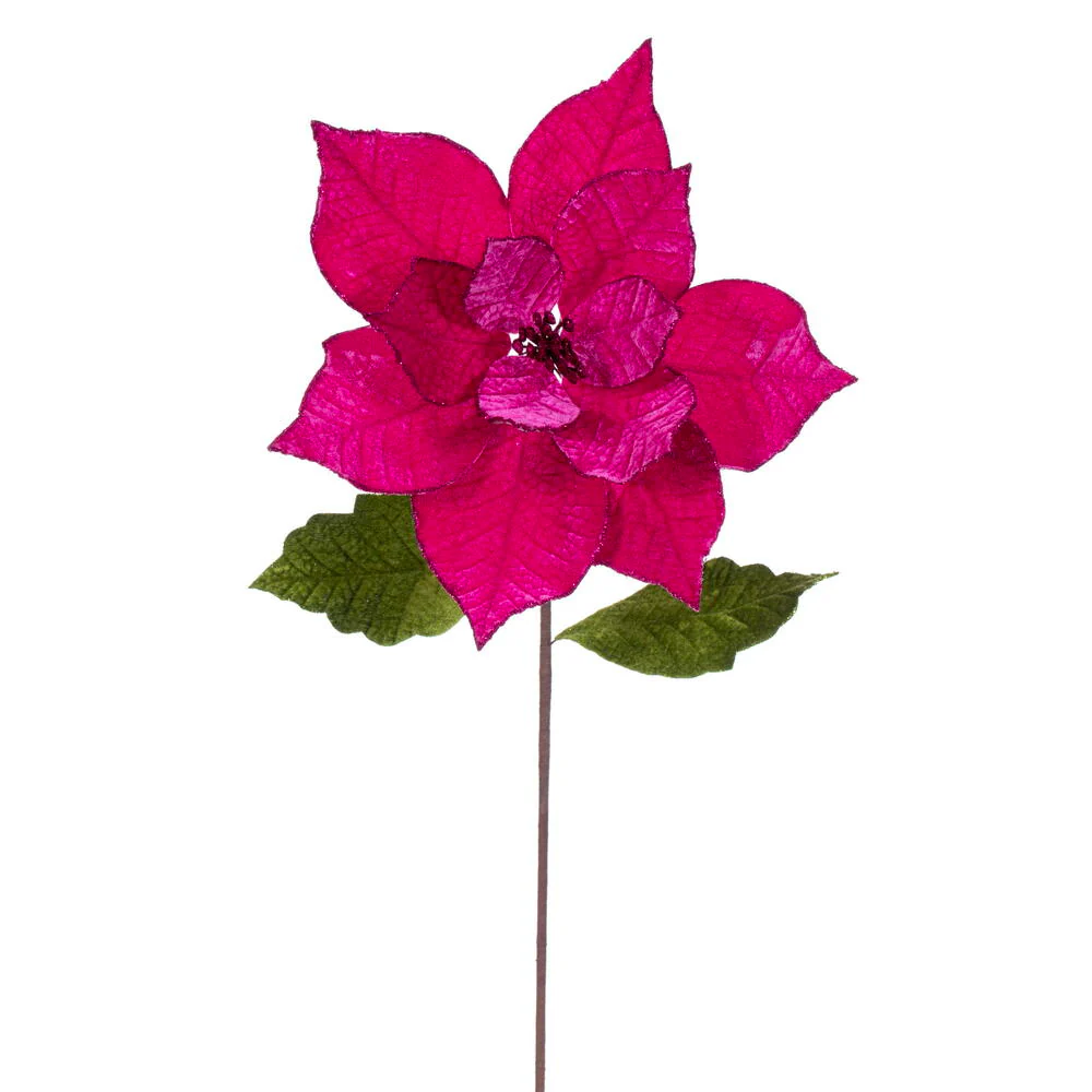 20"x12" Glittered Classic Velvet Artificial Poinsettia Flower Stem -Fuchsia (Pack of 12)