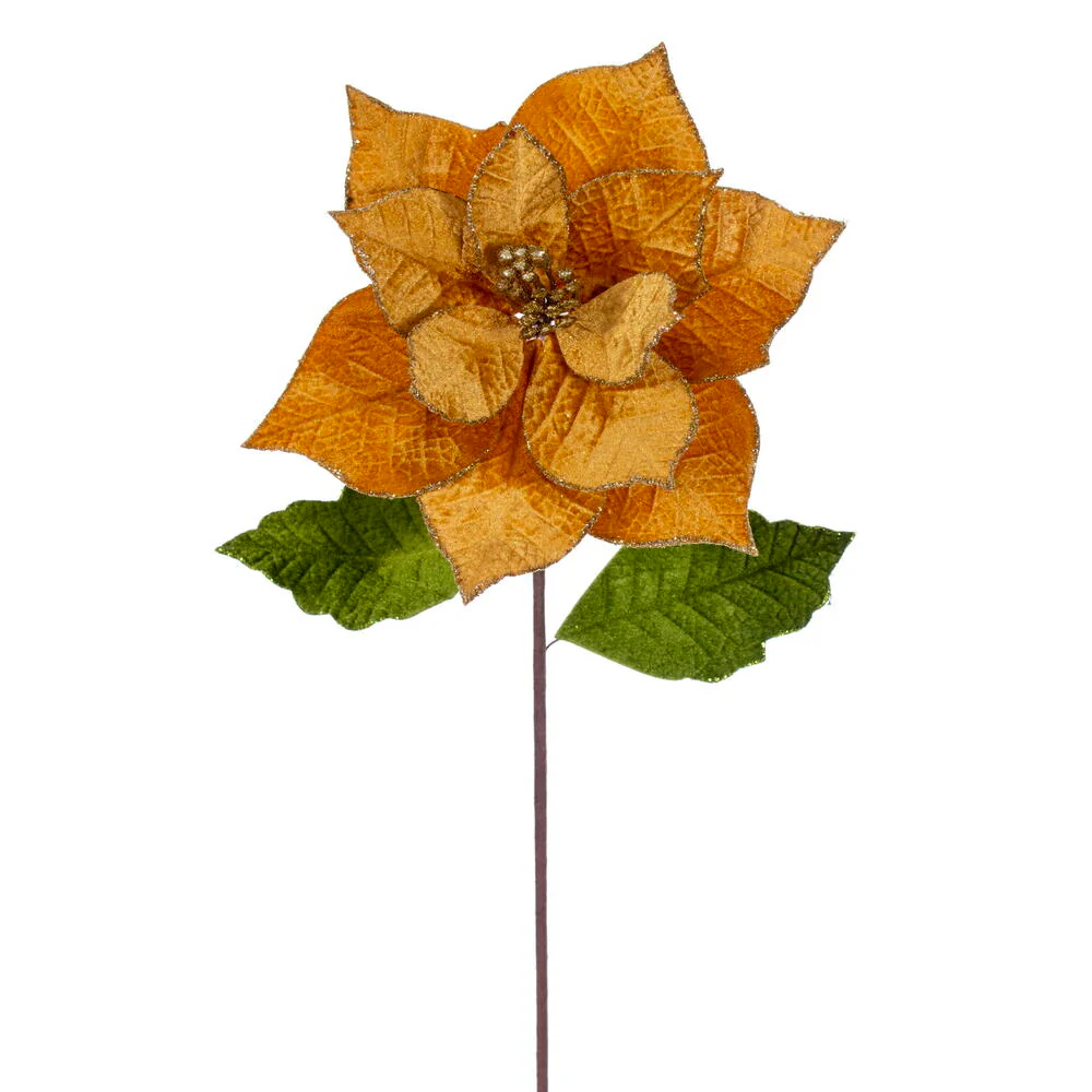 20"x12" Glittered Classic Velvet Artificial Poinsettia Flower Stem -Gold (Pack of 12)