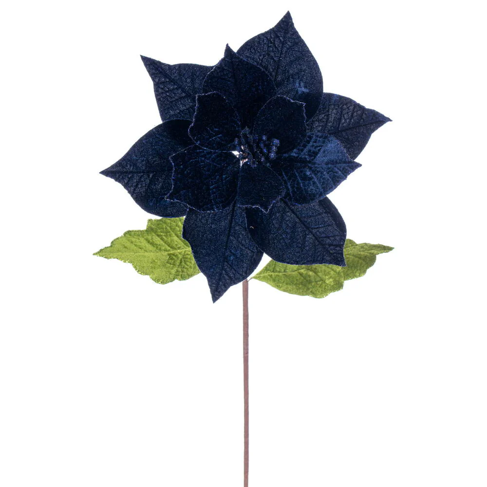 20"x12" Glittered Classic Velvet Artificial Poinsettia Flower Stem -Midnight Blue (Pack of 12)