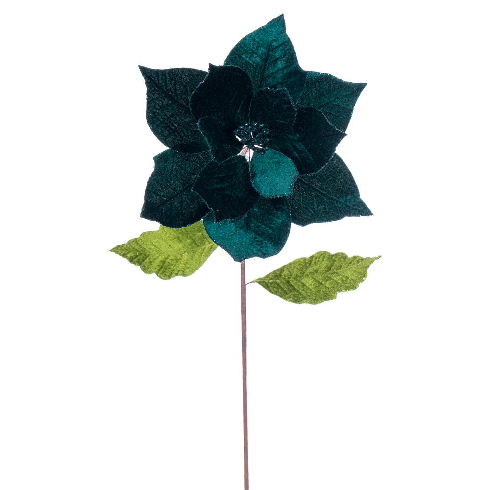20"x12" Glittered Classic Velvet Artificial Poinsettia Flower Stem -Midnight Green (Pack of 12)