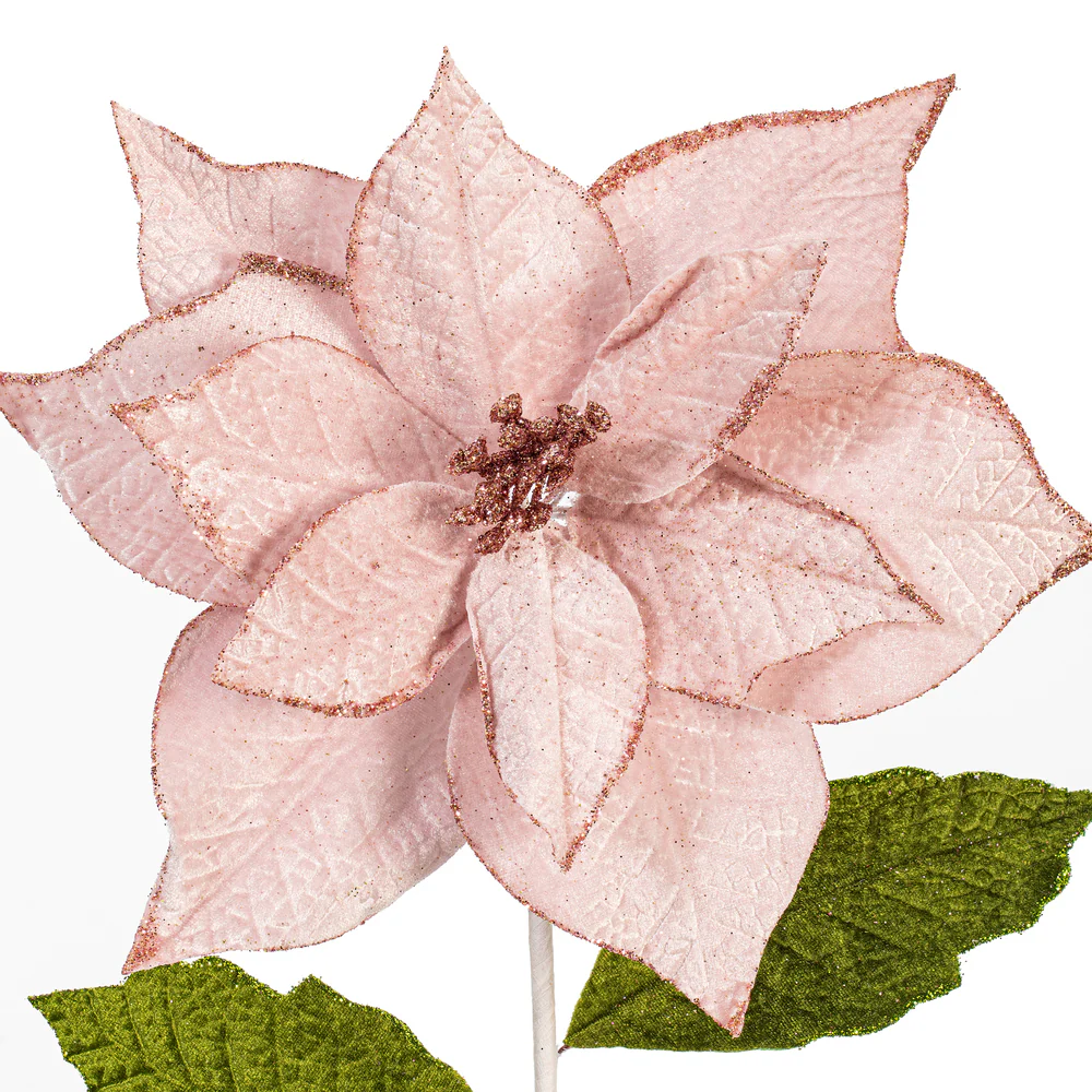 20"x12" Glittered Classic Velvet Artificial Poinsettia Flower Stem -Pink (Pack of 12) - Image 2