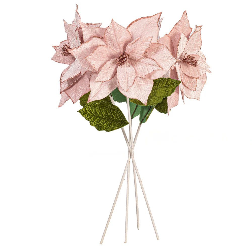 20"x12" Glittered Classic Velvet Artificial Poinsettia Flower Stem -Pink (Pack of 12) - Image 3