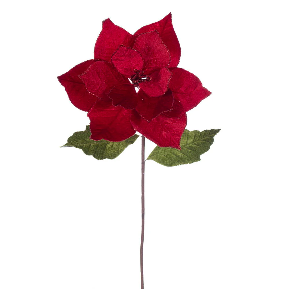 20"x12" Glittered Classic Velvet Artificial Poinsettia Flower Stem -Red (Pack of 12)