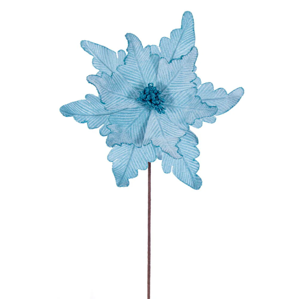 20"x13" Glittered Velvet Artificial Poinsettia Flower Stem -Baby Blue (Pack of 12)