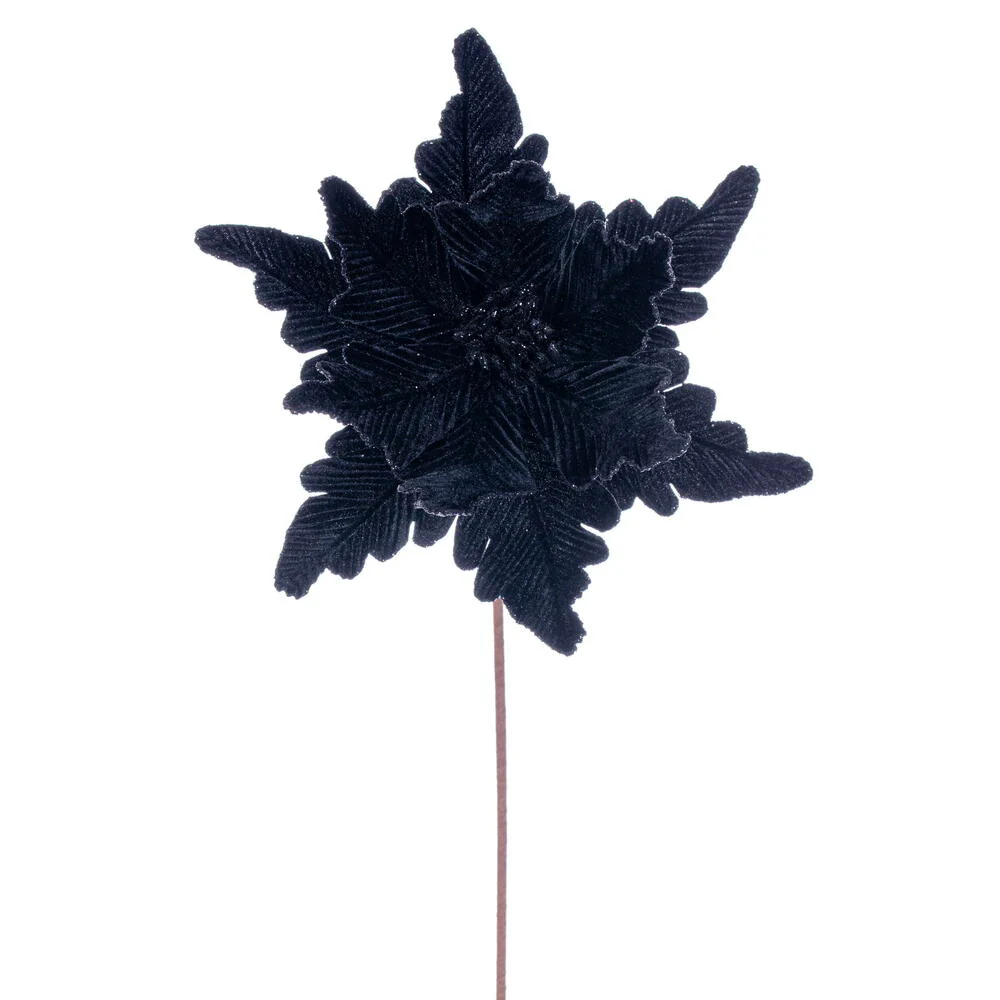 20"x13" Glittered Velvet Artificial Poinsettia Flower Stem -Black (Pack of 12)