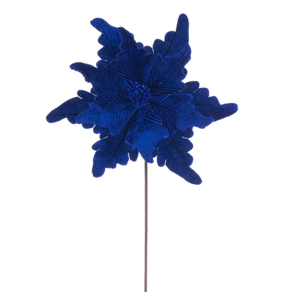 20"x13" Glittered Velvet Artificial Poinsettia Flower Stem -Blue (Pack of 12)