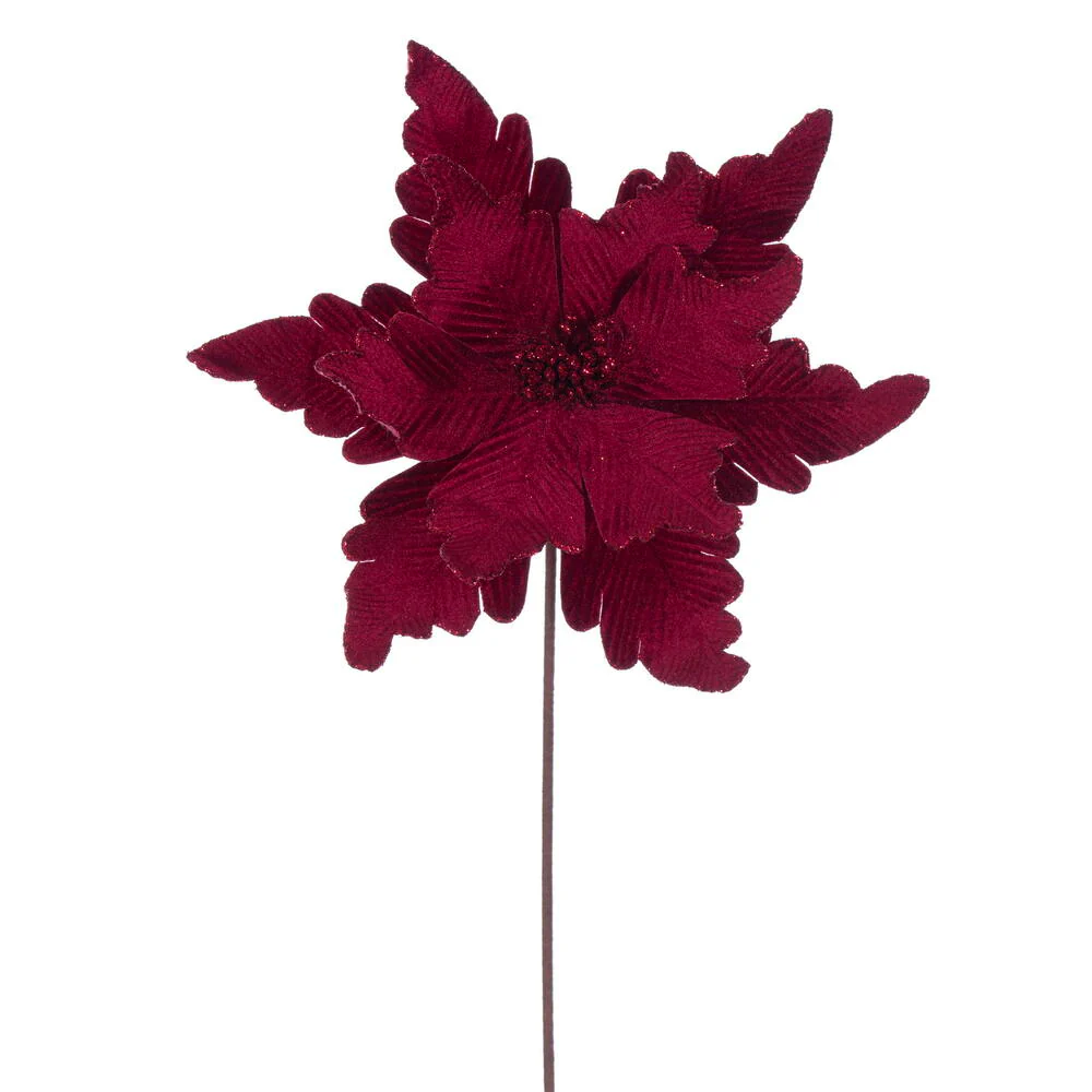 20"x13" Glittered Velvet Artificial Poinsettia Flower Stem -Burgundy (Pack of 12)