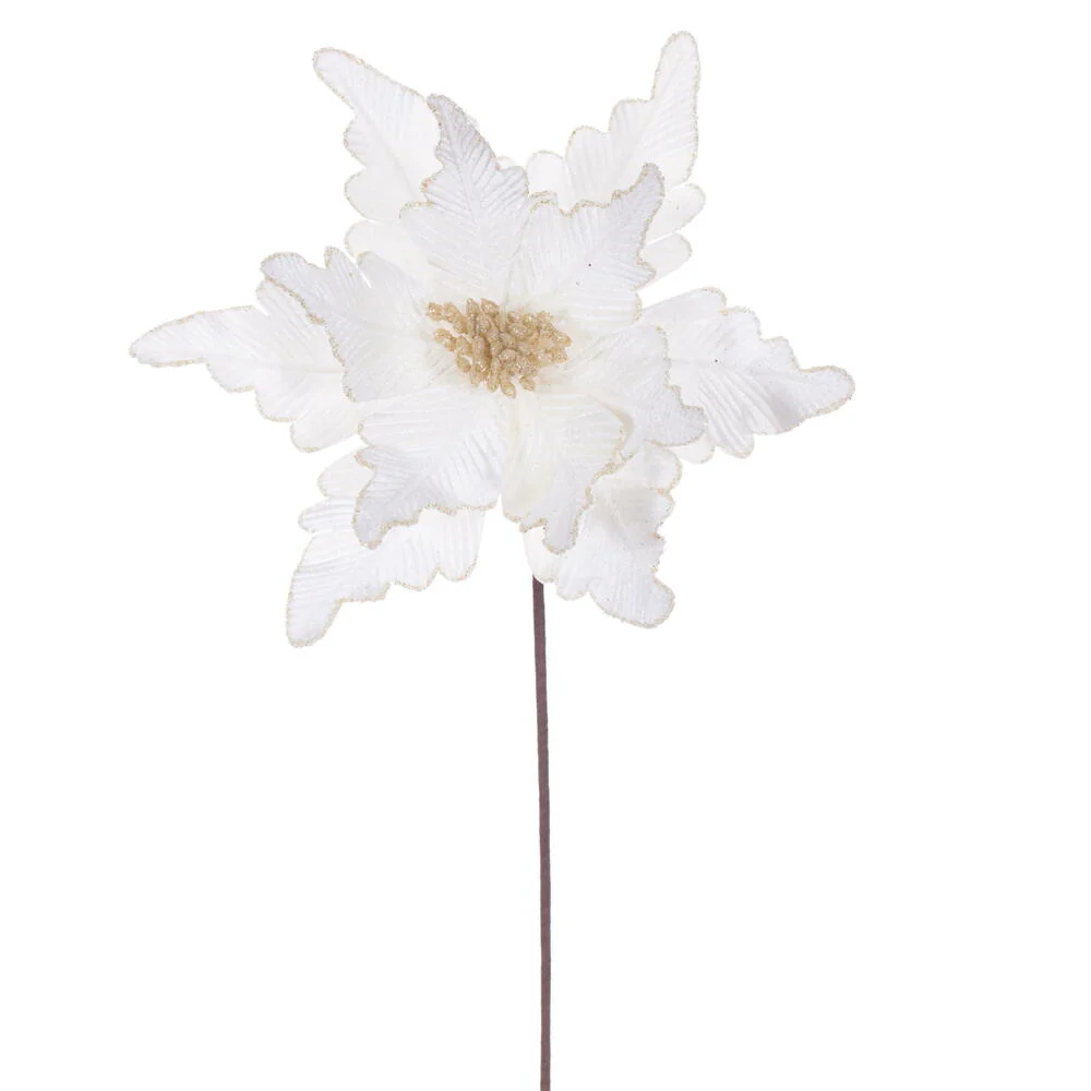 20"x13" Glittered Velvet Artificial Poinsettia Flower Stem -Cream (Pack of 12)