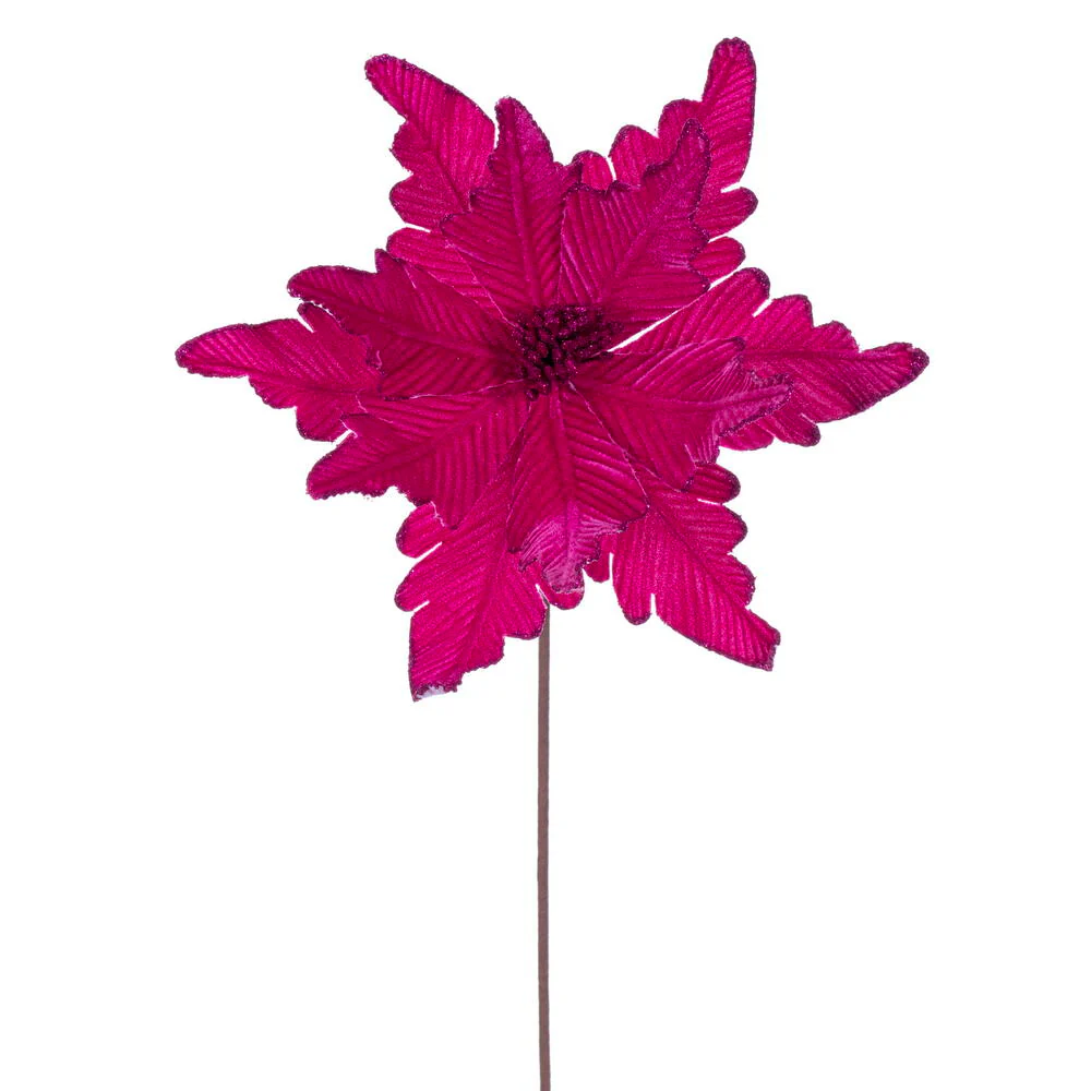 20"x13" Glittered Velvet Artificial Poinsettia Flower Stem -Fuchsia (Pack of 12)