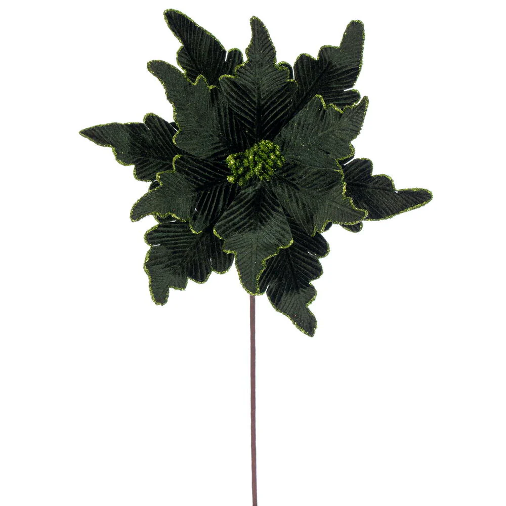 20"x13" Glittered Velvet Artificial Poinsettia Flower Stem -Green (Pack of 12)