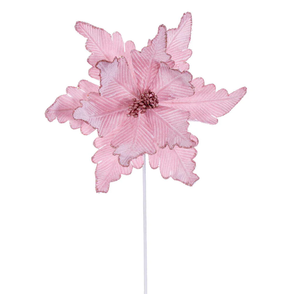 20"x13" Glittered Velvet Artificial Poinsettia Flower Stem -Pink (Pack of 12)