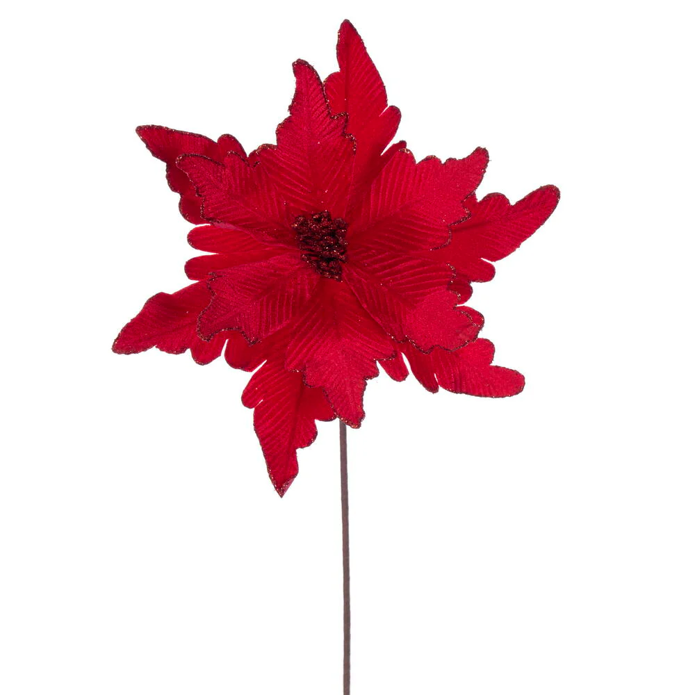 20"x13" Glittered Velvet Artificial Poinsettia Flower Stem -Red (Pack of 12)