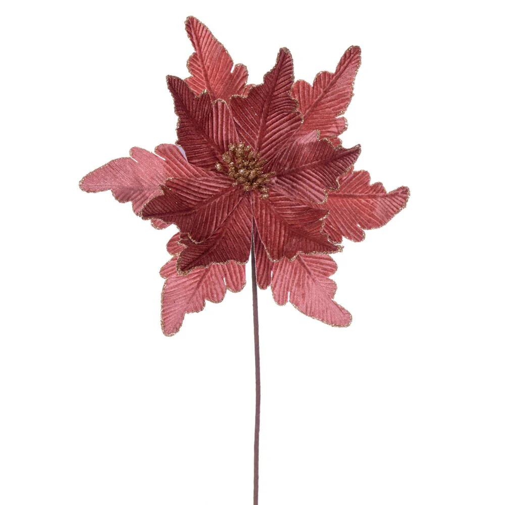 20"x13" Glittered Velvet Artificial Poinsettia Flower Stem -Rose Gold (Pack of 12)