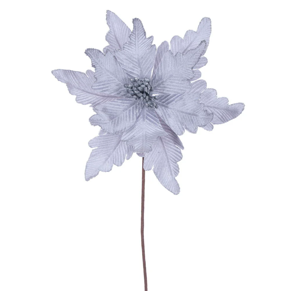 20"x13" Glittered Velvet Artificial Poinsettia Flower Stem -Silver (Pack of 12)