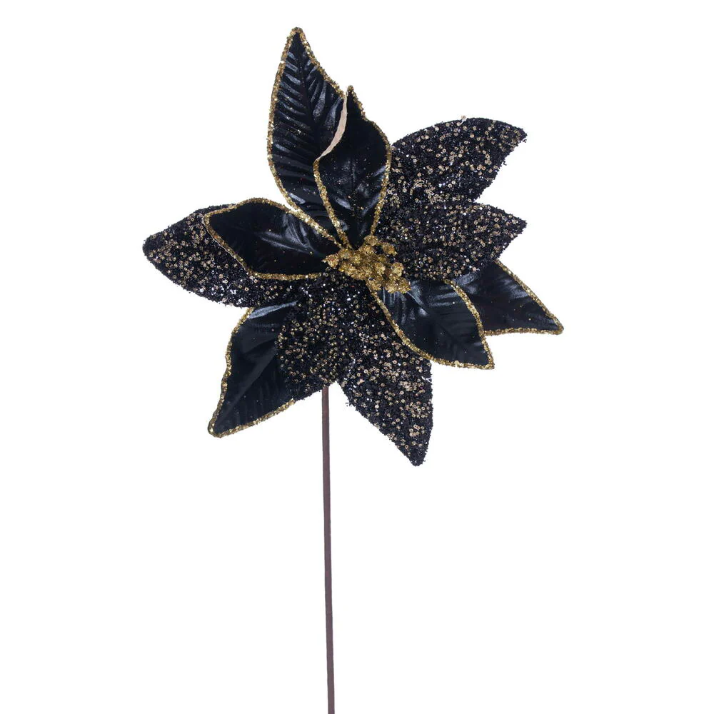 21.5"Hx11"W Glittered Artificial Poinsettia Flower Stem -Black (Pack of 12)
