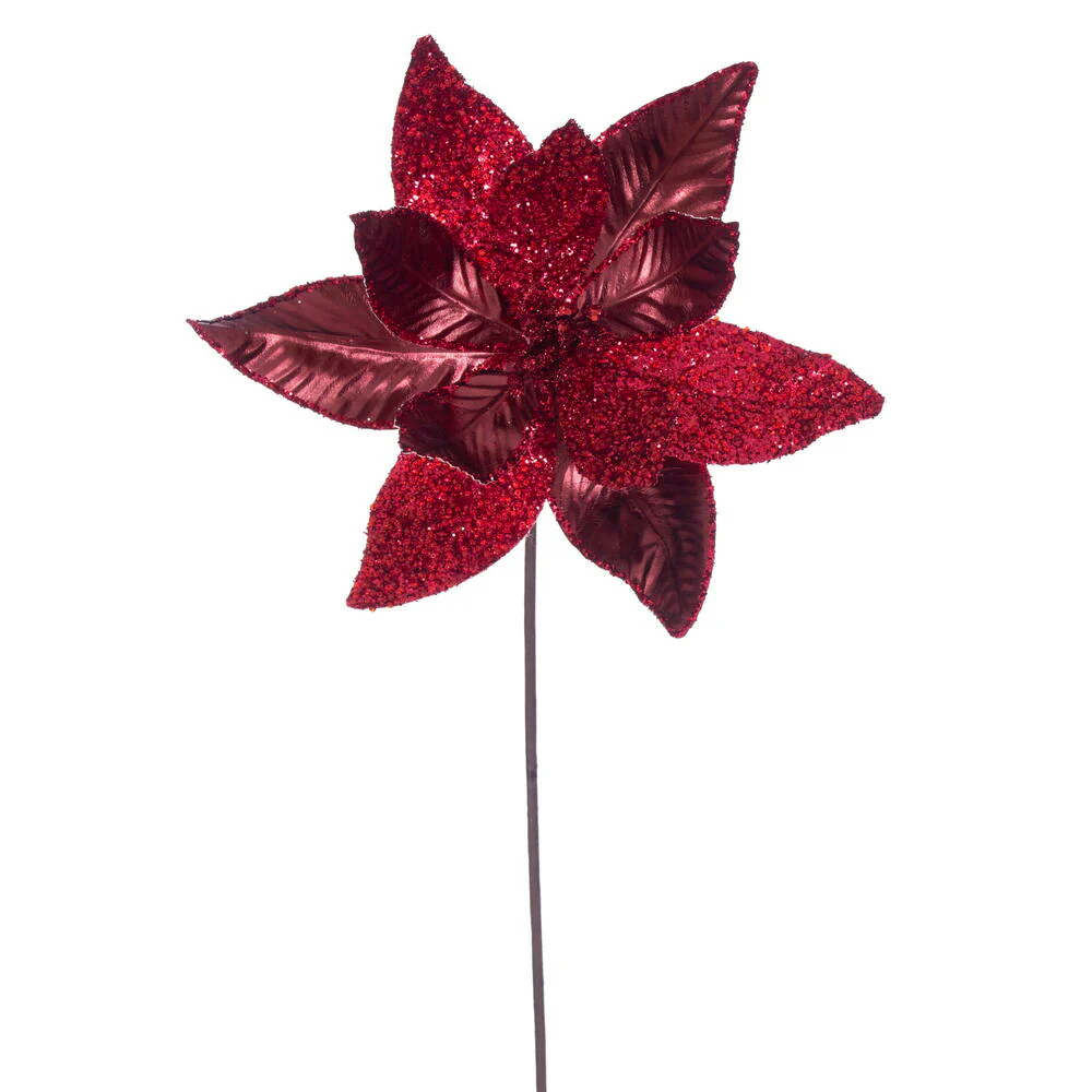 21.5"Hx11"W Glittered Artificial Poinsettia Flower Stem -Burgundy (Pack of 12)