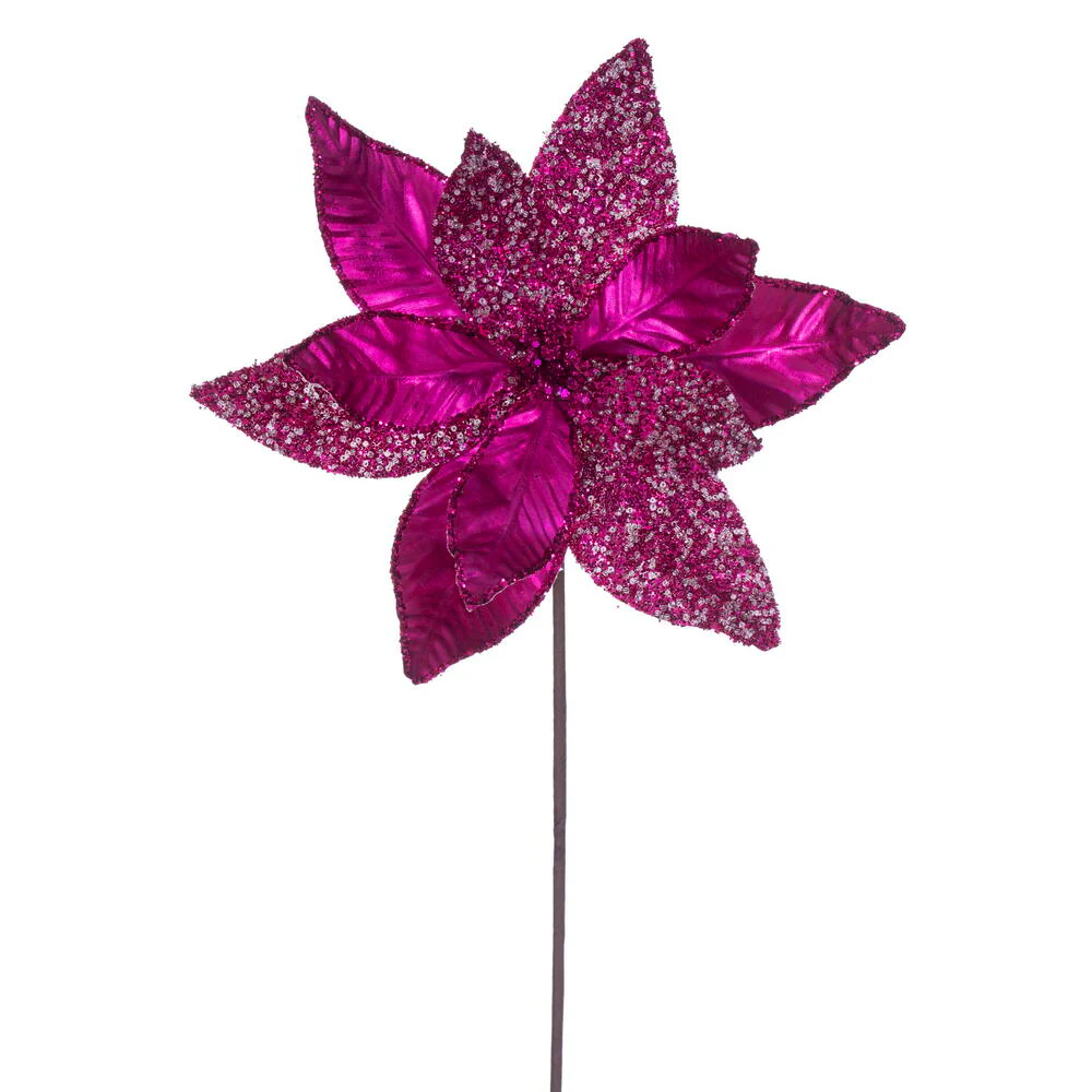 21.5"Hx11"W Glittered Artificial Poinsettia Flower Stem -Hot Pink (Pack of 12)