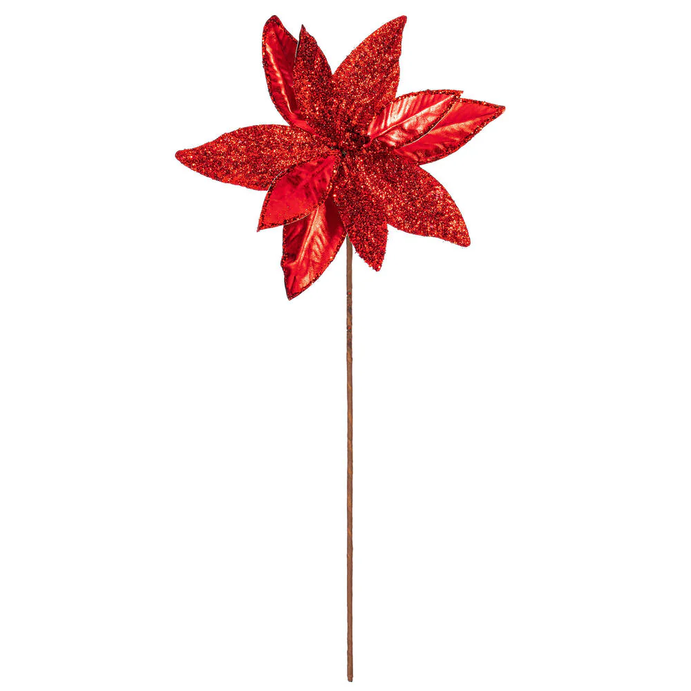 21.5"Hx11"W Glittered Artificial Poinsettia Flower Stem -Red (Pack of 12)