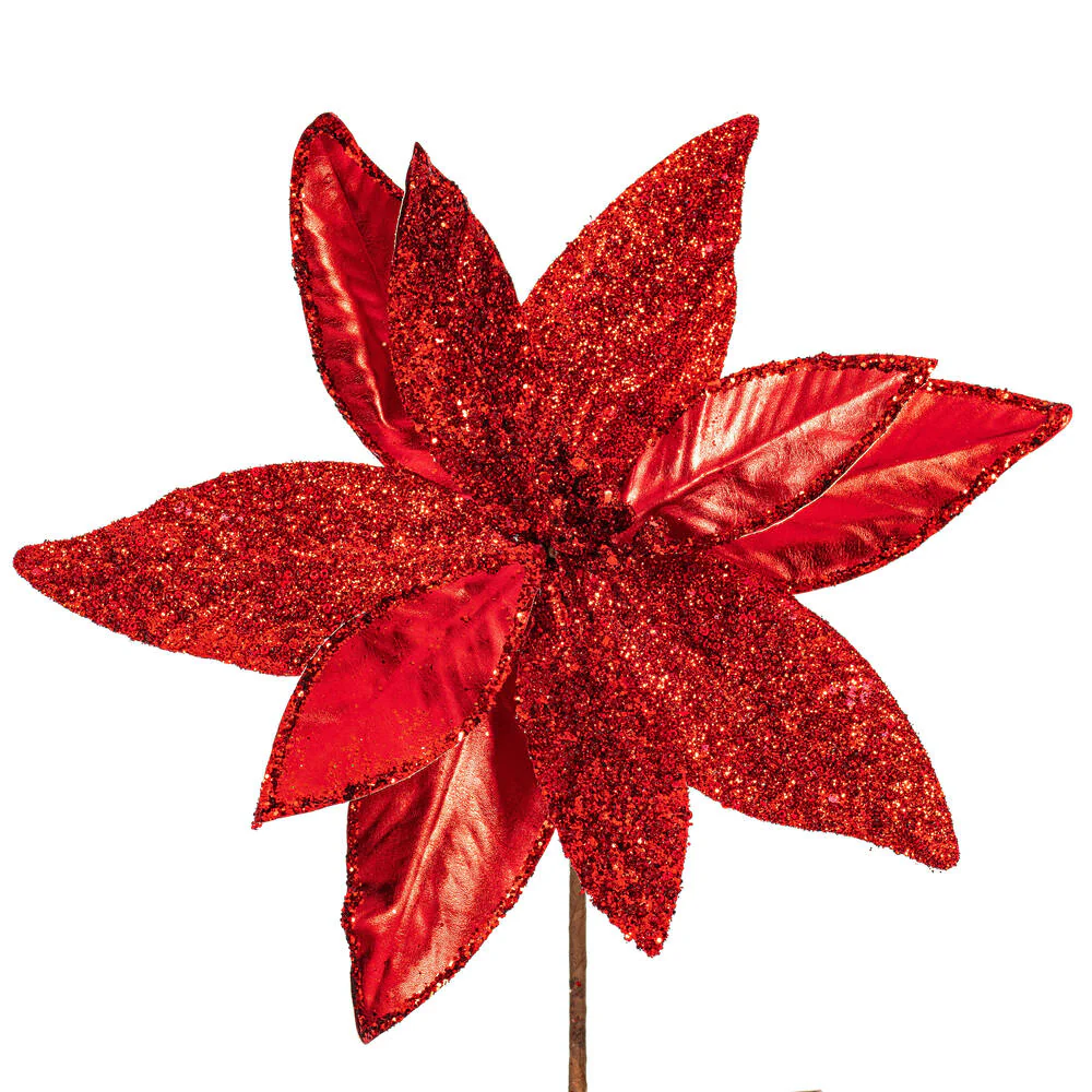 21.5"Hx11"W Glittered Artificial Poinsettia Flower Stem -Red (Pack of 12) - Image 2