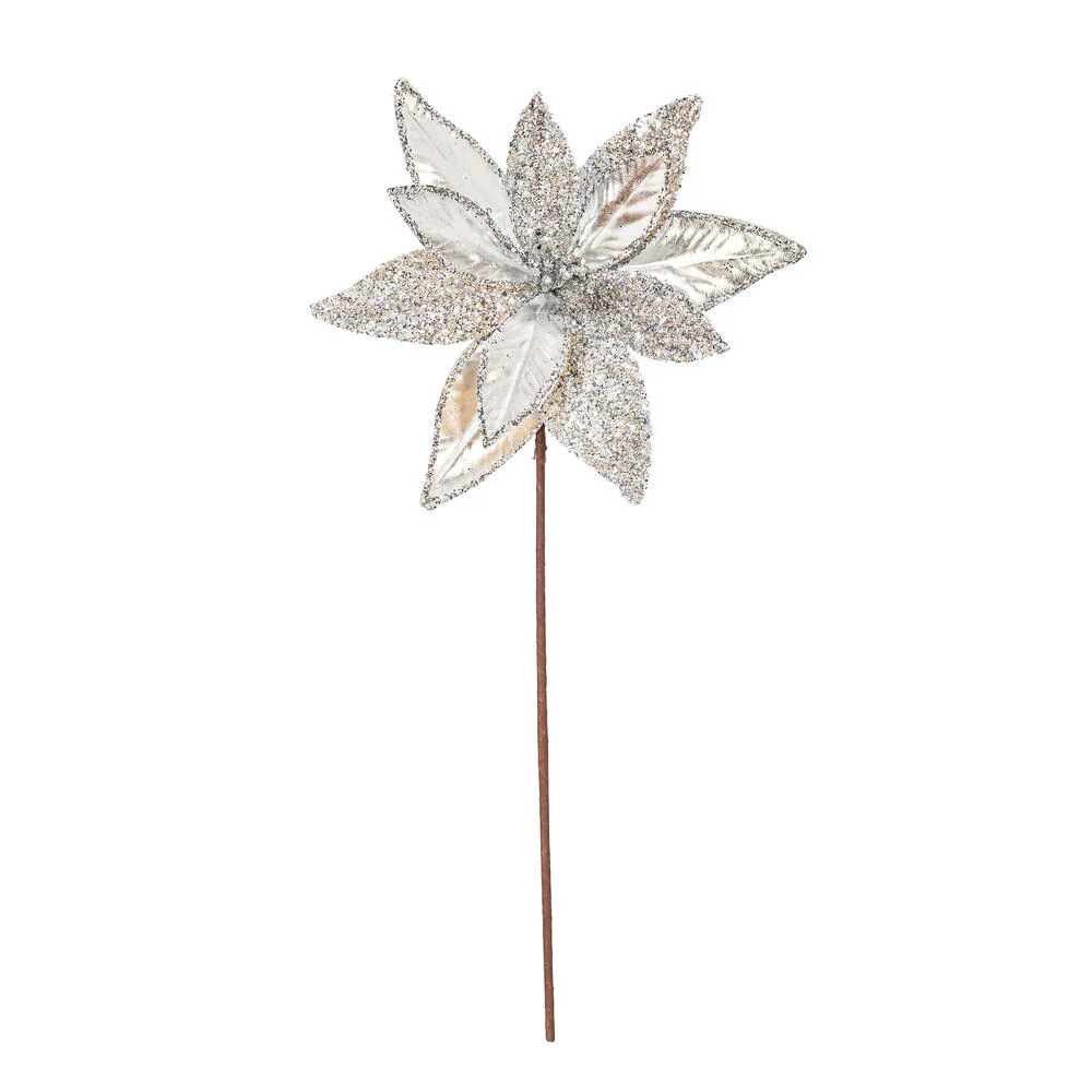 21.5"Hx11"W Glittered Artificial Poinsettia Flower Stem -Silver (Pack of 12)