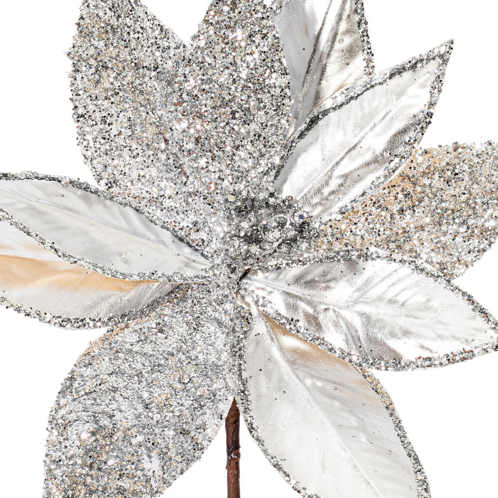 21.5"Hx11"W Glittered Artificial Poinsettia Flower Stem -Silver (Pack of 12) - Image 2