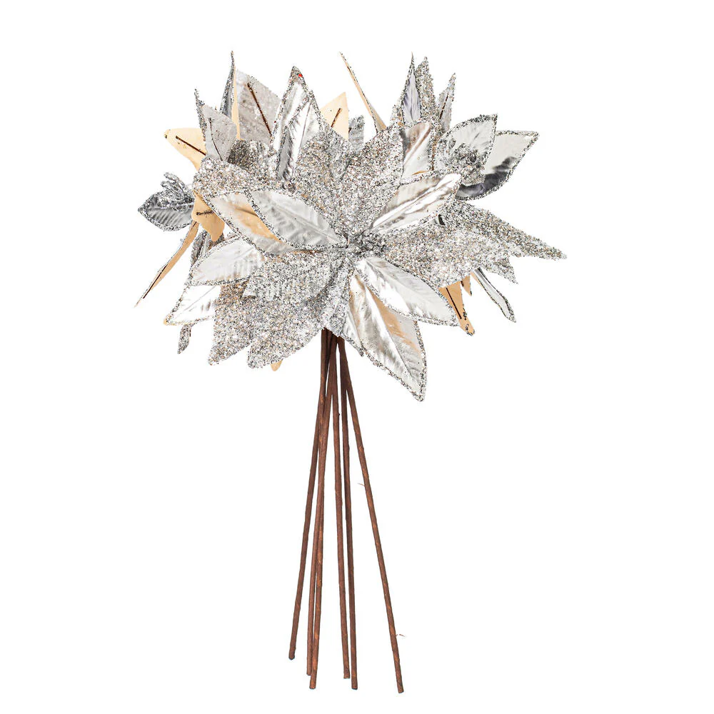21.5"Hx11"W Glittered Artificial Poinsettia Flower Stem -Silver (Pack of 12) - Image 4