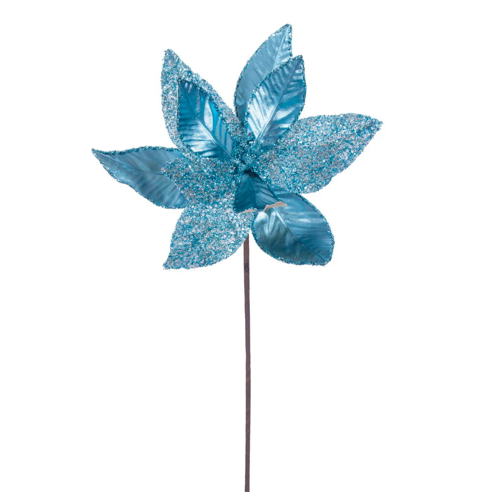 21.5"Hx11"W Glittered Artificial Poinsettia Flower Stem -Turquoise (Pack of 12)