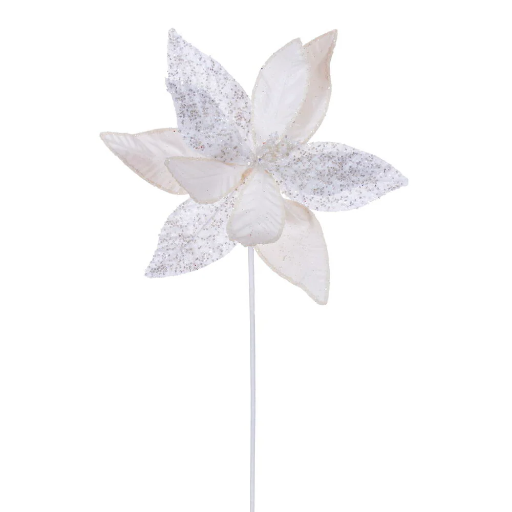 21.5"Hx11"W Glittered Artificial Poinsettia Flower Stem -White (Pack of 12)