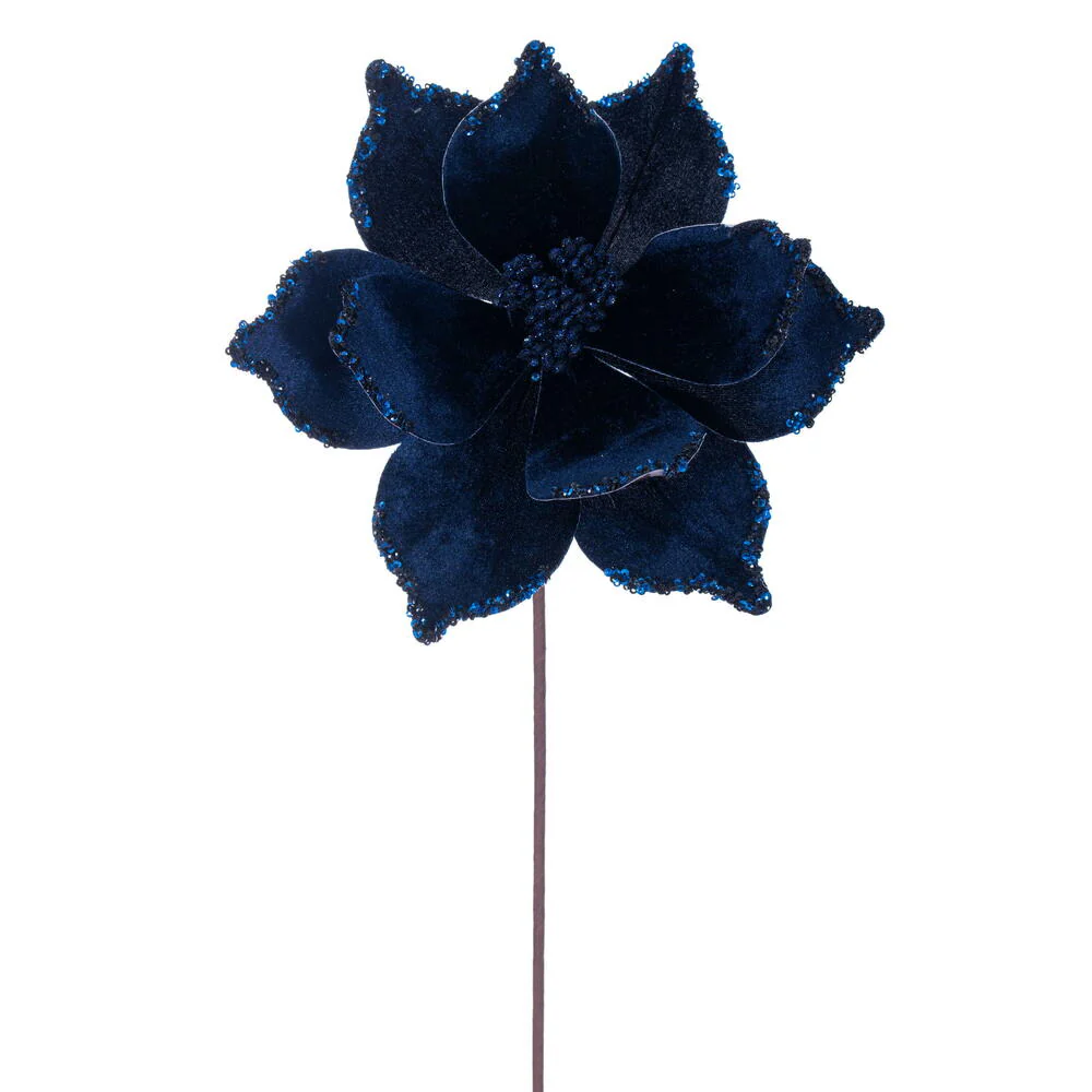 21.5"x10" Glittered Artificial Poinsettia Flower Stem -Midnight Blue (Pack of 12)