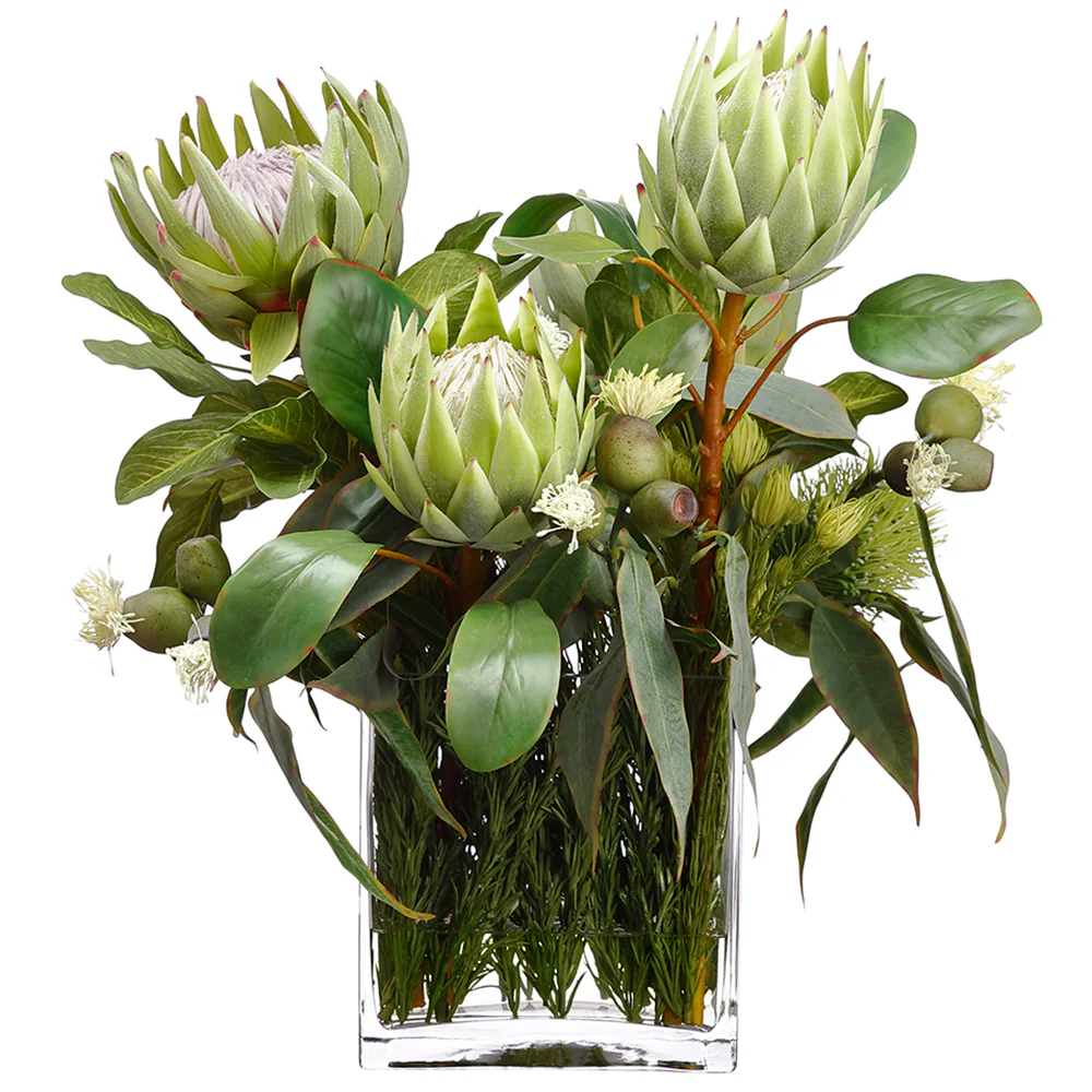 21" Artificial Protea, Rosemary & Wolly Flower Arrangement w/Glass Vase -Green