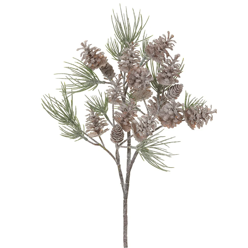 21" Frosted Artificial Pine & Pinecone Stem -Green/Brown (Pack of 12)