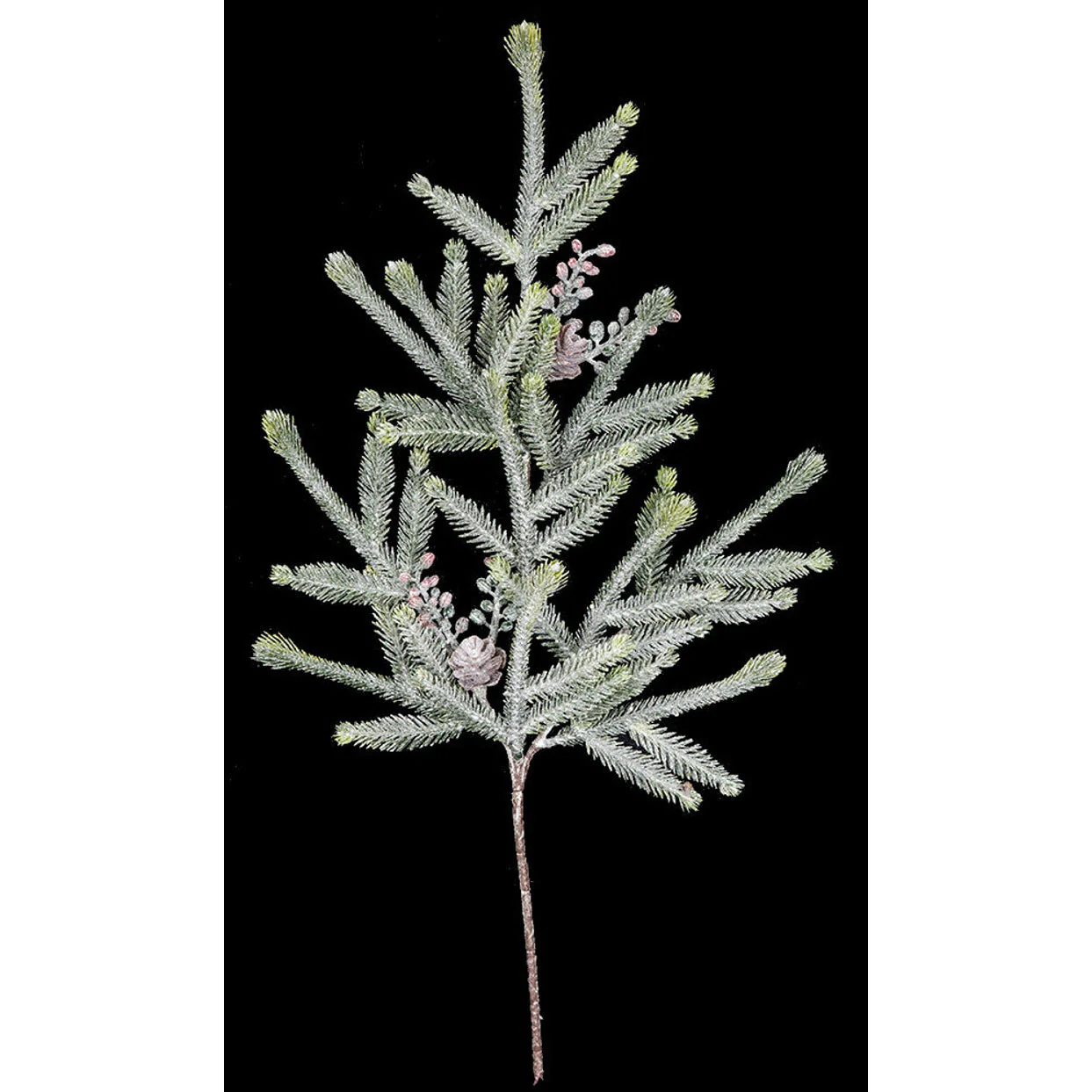 21" Frosted & Glittered Artificial Spruce, Pinecone & Berry Cluster Stem -Green/White (Pack of 12)