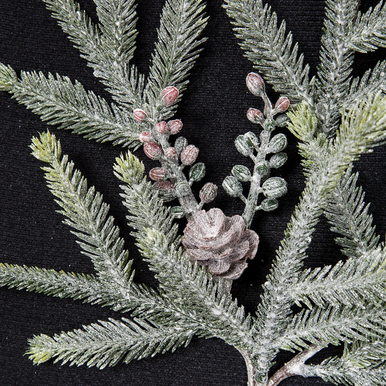 21" Frosted & Glittered Artificial Spruce, Pinecone & Berry Cluster Stem -Green/White (Pack of 12) - Image 2